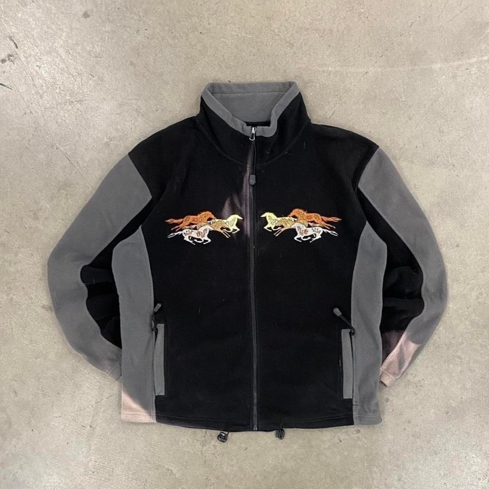 Vintage Horses Nature Animals Embroidery Full Zip Fleece Sun Faded Jacket XL